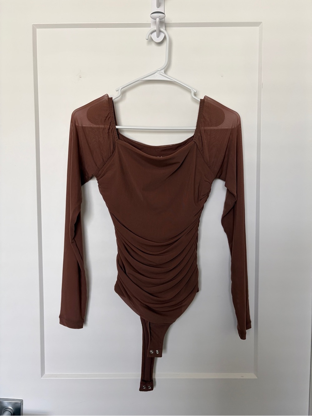 Brown Long-Sleeve Ruched Bodysuit - Women's Top